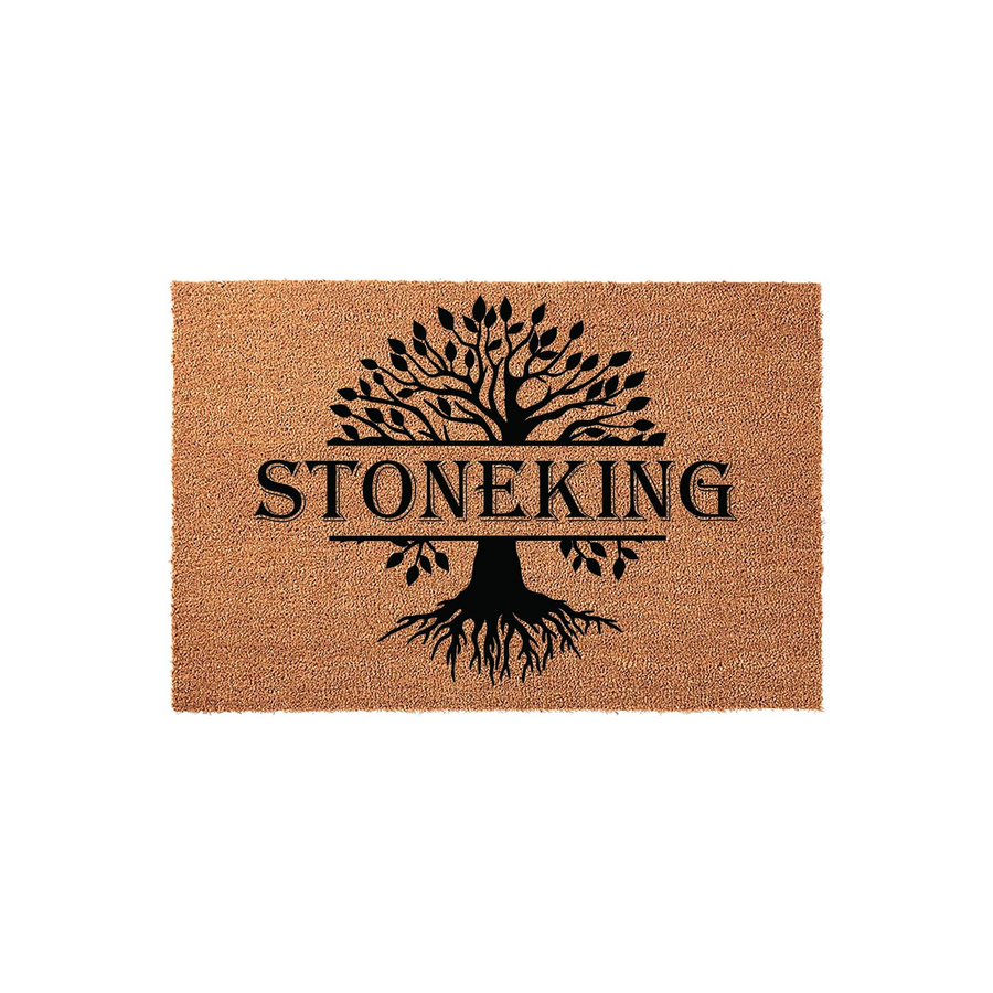 Personalized Family Name Coir Doormat featuring a black silhouette of a sprawling tree with deep roots, centered on a natural tan fiber mat to provide a welcoming and durable entrance decor piece for any modern home entryway.
