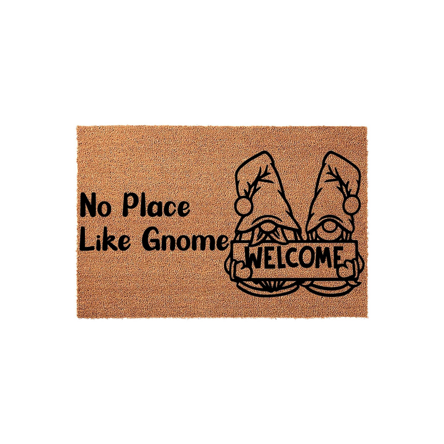 No Place Like Gnome Welcome Doormat featuring a natural coir texture with two cute gnomes holding a sign that says Welcome, creating a whimsical and inviting entryway decor piece for your home on a clean white background.