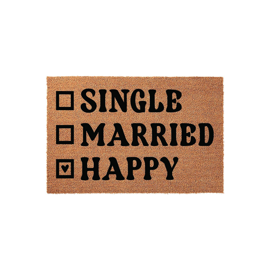 Funny Single Married Happy doormat featuring a natural coir texture with black text and a heart-filled checkbox, making this humorous front porch decor a great way to welcome guests to your home with a lighthearted and relatable