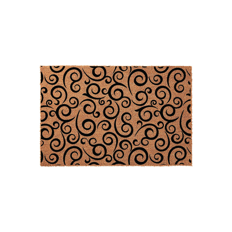 Black Swirl Pattern Coir Doormat featuring a natural tan fiber texture with a repeating elegant black scrollwork design, providing a durable and stylish entryway floor covering for your home porch or front door area.