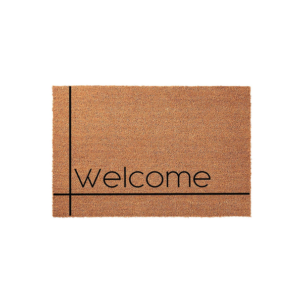 Minimalist Welcome Doormat featuring a natural coir texture with clean black lines forming a modern geometric border, providing a simple and stylish entryway accent for any home porch or front door area against a plain white