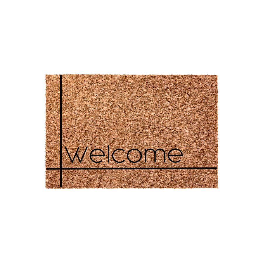 Minimalist Welcome Doormat featuring a natural coir texture with clean black lines forming a modern geometric border, providing a simple and stylish entryway accent for any home porch or front door area against a plain white