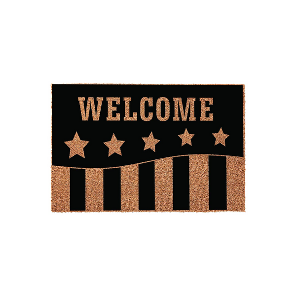 Patriotic Welcome Doormat featuring a black background with copper-colored stars and the word Welcome in a matching metallic font, set above a striped pattern on a natural coir fiber texture for a rustic American home entryway