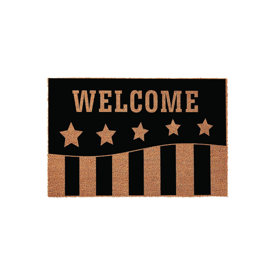 Patriotic Welcome Doormat featuring a black background with copper-colored stars and the word Welcome in a matching metallic font, set above a striped pattern on a natural coir fiber texture for a rustic American home entryway