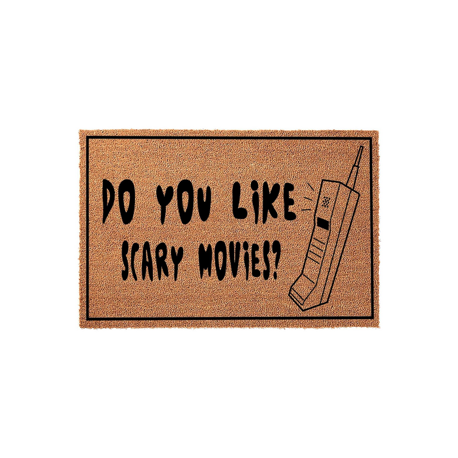 Horror movie themed doormat featuring a vintage brick cell phone illustration and the text Do You Like Scary Movies in a bold black font, set against a natural brown coir fiber background for a spooky Halloween home entryway