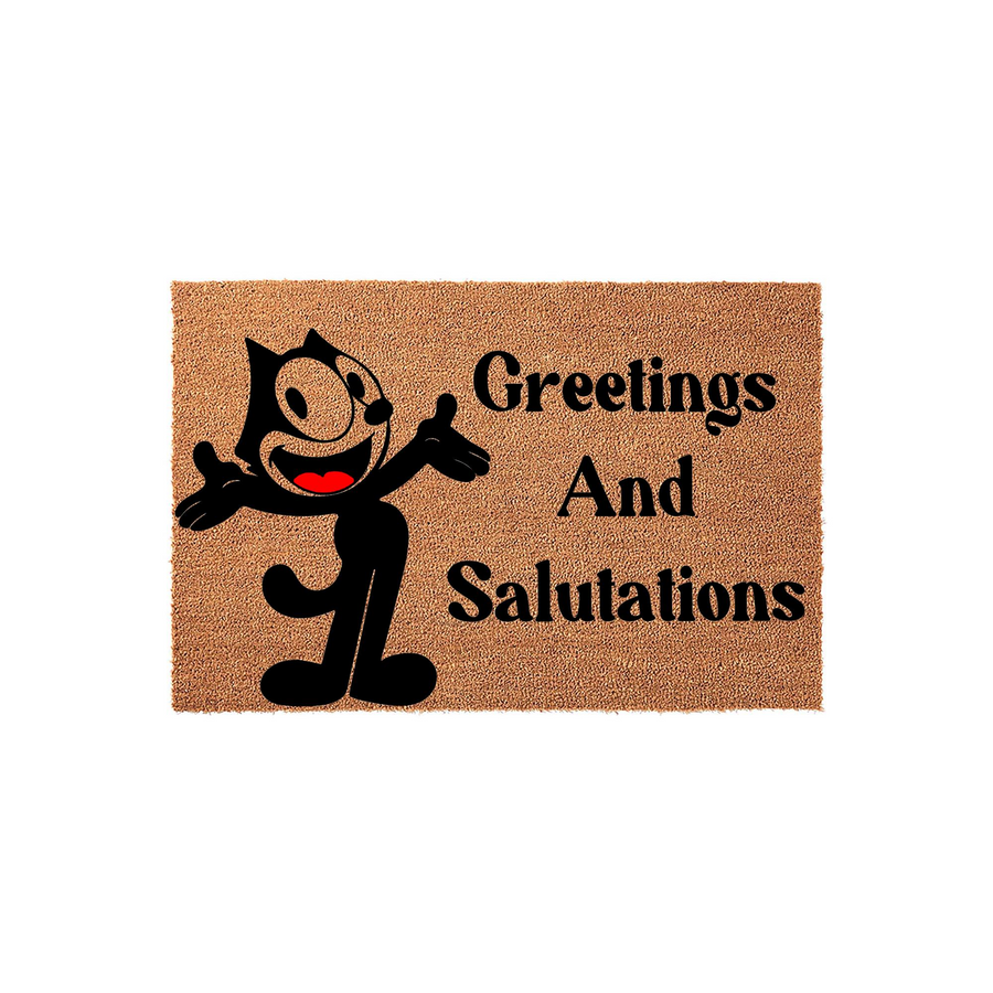 Felix the Cat coir doormat featuring the iconic black cartoon character waving hello next to the bold black text Greetings And Salutations, set against a natural brown textured fiber background for a fun and welcoming front porch