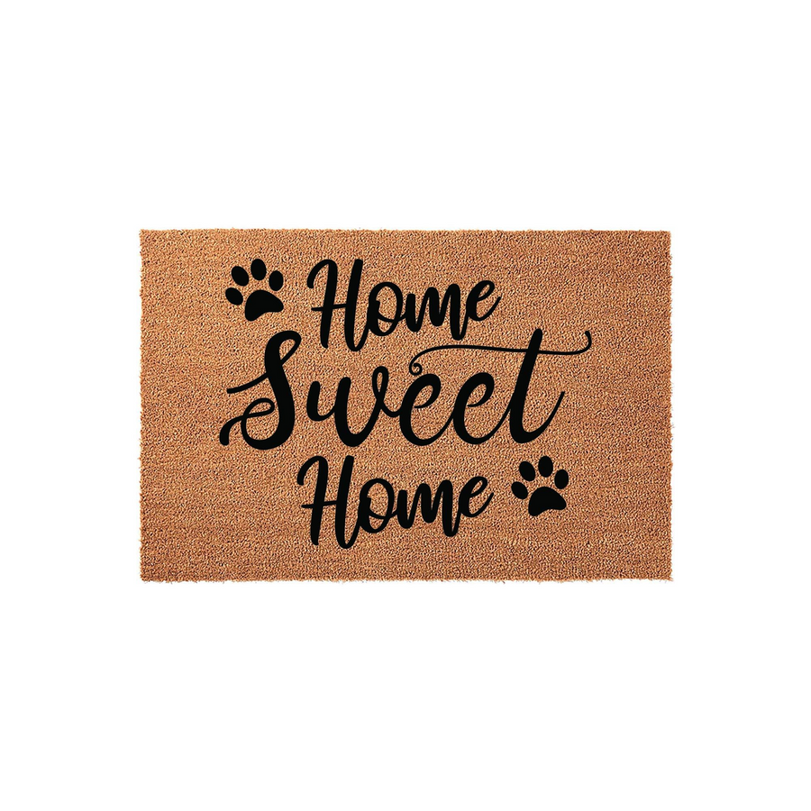 Home Sweet Home paw print coir doormat featuring a natural tan fiber texture and bold black script lettering, making it a charming entryway floor mat for any pet lover looking to add a welcoming touch to their front porch decor.