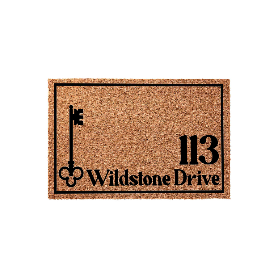 Personalized address doormat featuring a classic skeleton key graphic and custom house number text on a natural coir fiber background, creating a stylish and welcoming entrance for any home with a durable, non-slip design.