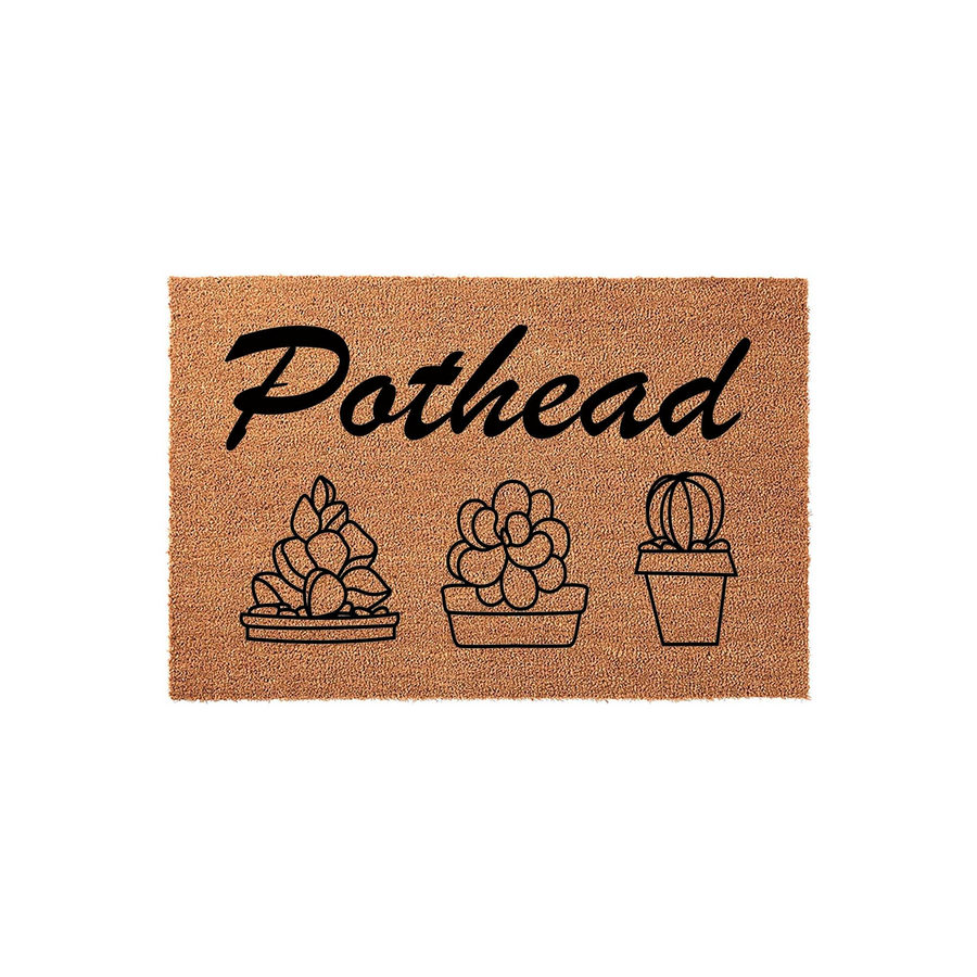 Pothead coir doormat featuring a humorous pun and three black line-art illustrations of potted succulents and cacti, set against a natural brown fiber background for a fun and welcoming entryway decor piece for plant lovers.