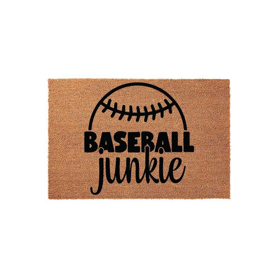 Baseball Junkie coir doormat featuring a natural tan fiber texture and bold black text with a graphic of a baseball stitch, creating a sporty welcome mat for any front porch or entryway that celebrates a love for the game of