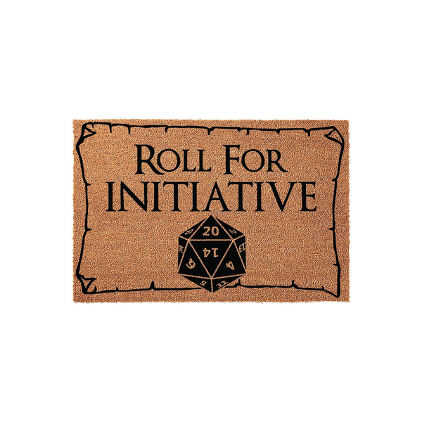 Roll for Initiative Dungeons and Dragons doormat featuring a natural coir texture with a black printed 20-sided die graphic and fantasy-style lettering, creating a fun gaming-themed entrance rug for any tabletop roleplaying game