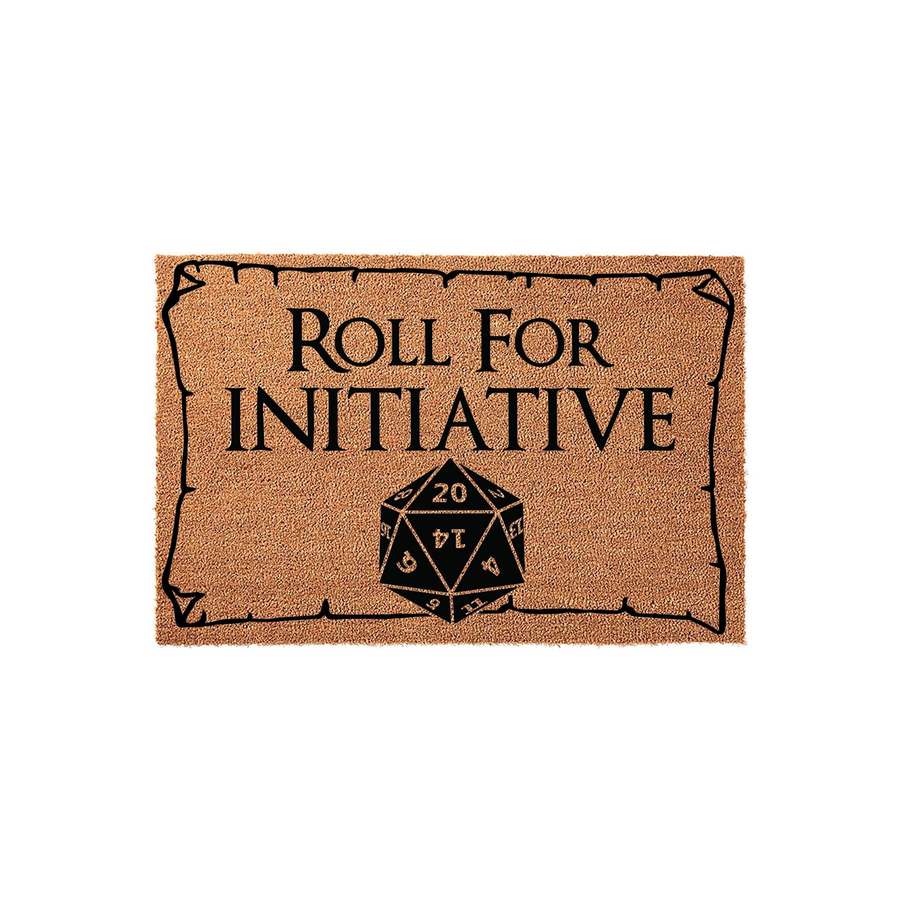 Roll for Initiative Dungeons and Dragons doormat featuring a natural coir texture with a black printed 20-sided die graphic and fantasy-style lettering, creating a fun gaming-themed entrance rug for any tabletop roleplaying game
