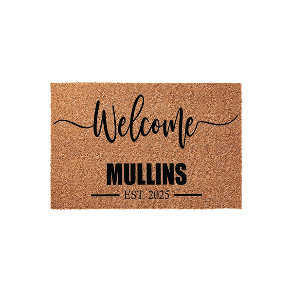Personalized family name coir doormat featuring the word Welcome in elegant script, a custom last name in bold block letters, and the established year 2025 printed on a natural tan textured fiber surface against a clean white