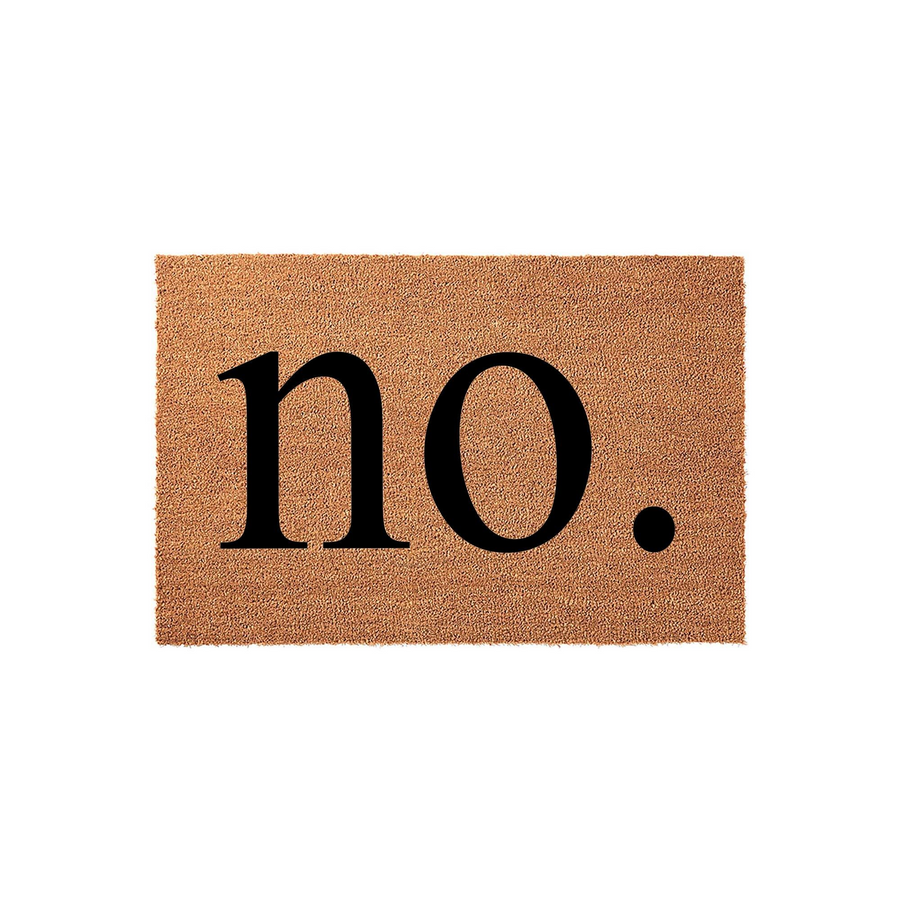 Funny No Doormat featuring a natural coir fiber texture and bold black lettering that says no. centered on the rectangular mat, providing a humorous and direct welcome for your front porch or entryway decor in a clean studio