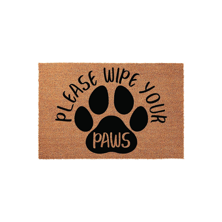 Please Wipe Your Paws coir doormat featuring a large black paw print graphic in the center, designed with a natural tan fiber texture that adds a rustic and welcoming touch to any pet lover's front porch or entryway decor.