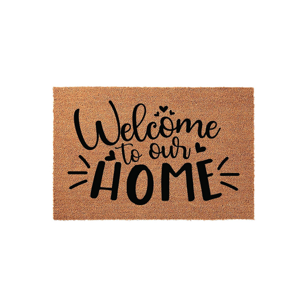 Welcome to our home coir doormat featuring a natural tan fiber texture and bold black lettering with decorative heart accents, providing a warm and inviting entrance decor piece for your front porch or entryway floor.