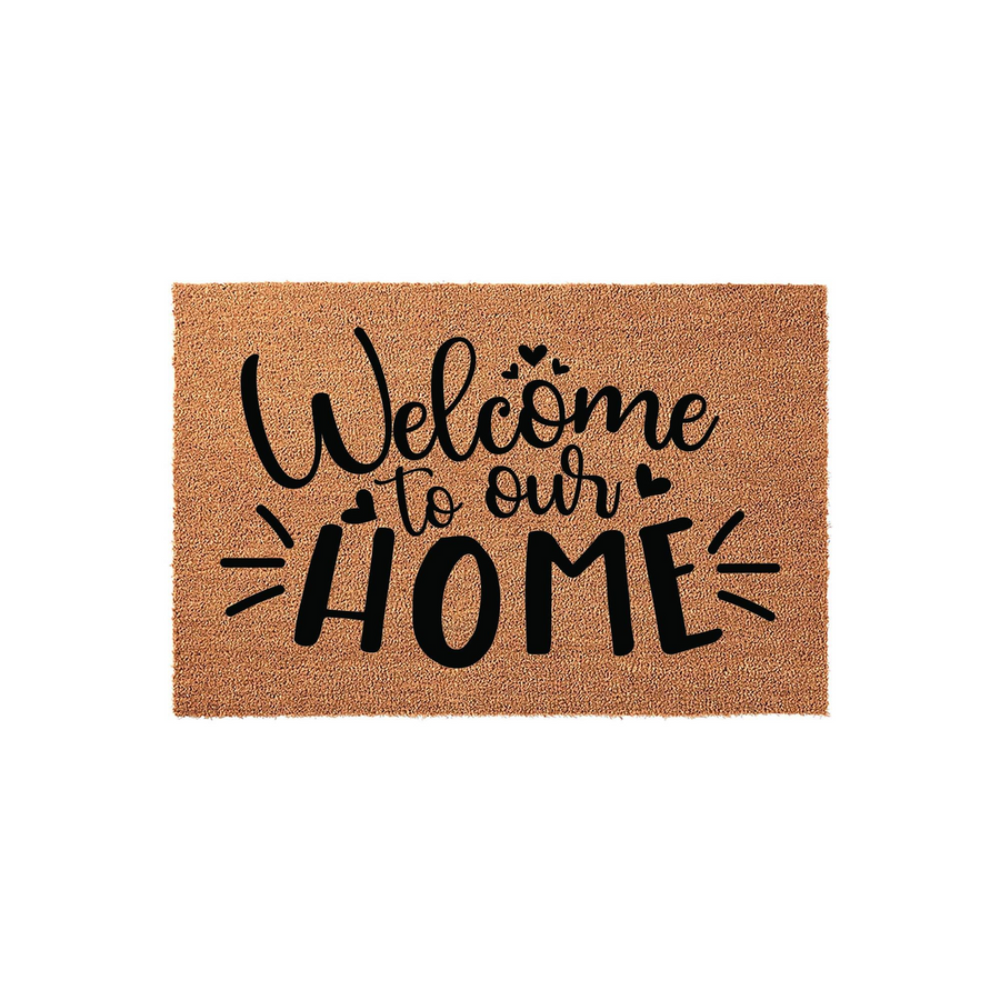 Welcome to our home coir doormat featuring a natural tan fiber texture and bold black lettering with decorative heart accents, providing a warm and inviting entrance decor piece for your front porch or entryway floor.