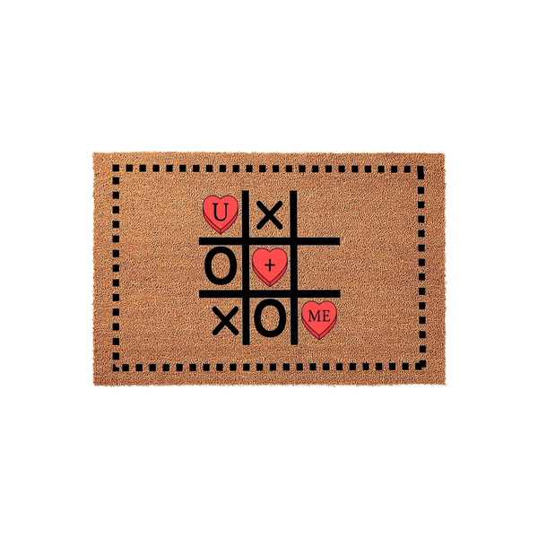 Valentine Tic-Tac-Toe Doormat featuring a natural coir texture with a black border and a playful game board design where red hearts replace traditional symbols to spell out U plus ME in a festive, romantic entryway floor decor