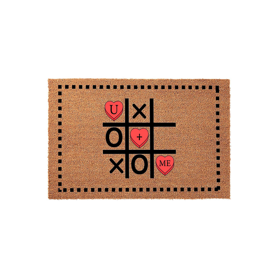 Valentine Tic-Tac-Toe Doormat featuring a natural coir texture with a black border and a playful game board design where red hearts replace traditional symbols to spell out U plus ME in a festive, romantic entryway floor decor