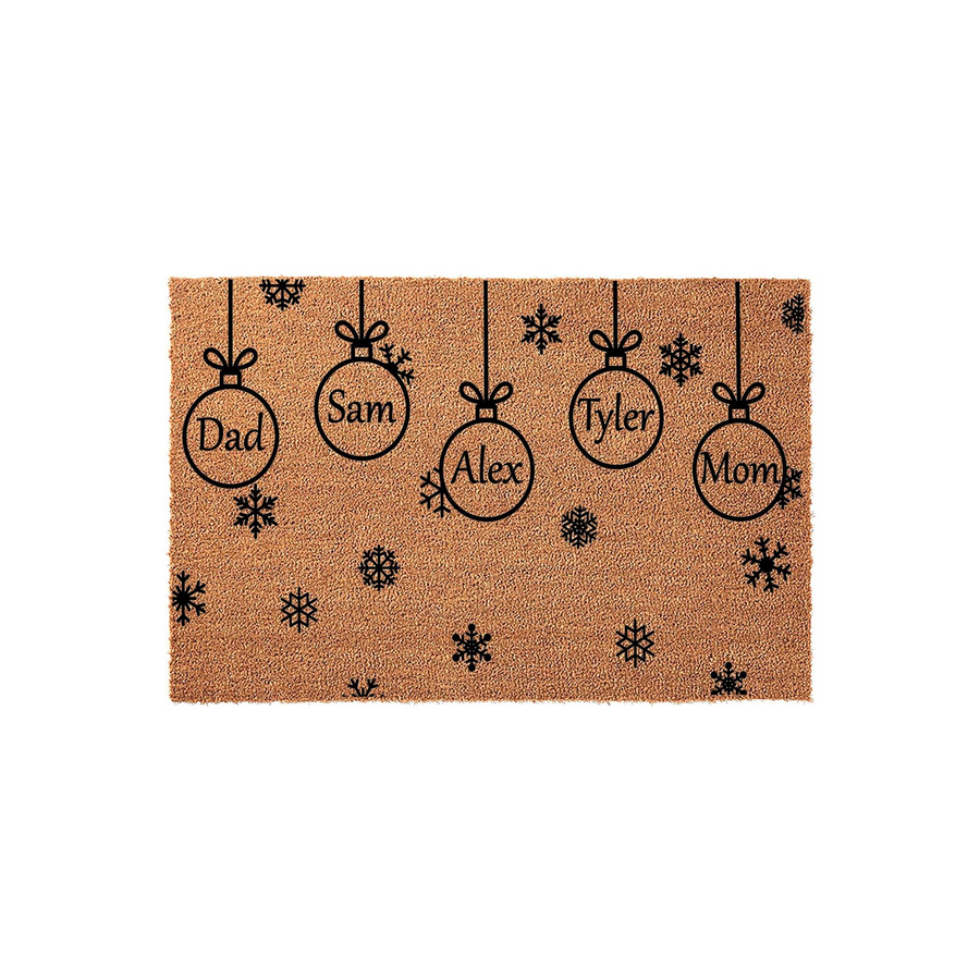 Personalized Christmas ornament doormat featuring hanging bauble designs on a natural coir background, with custom names and titles like Mom and Dad printed inside each ornament alongside festive black snowflake patterns for the