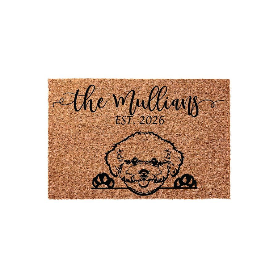 Personalized Poodle Dog Doormat featuring a cute illustrated curly-haired dog peeking over the bottom edge, with custom family name text and established year printed in black on a natural brown coir fiber outdoor welcome mat