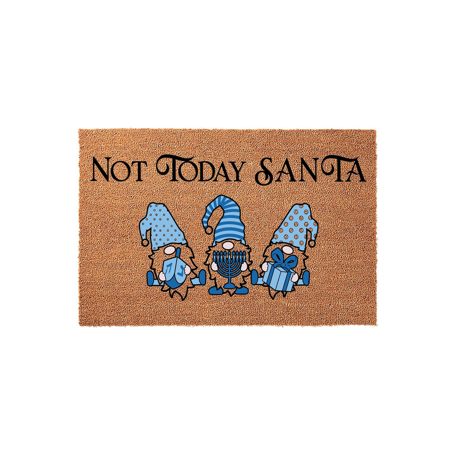 Not Today Santa Hanukkah doormat featuring three cute blue gnomes holding a dreidel, a menorah, and a gift, printed on a natural coir fiber mat that adds a festive and humorous touch to your holiday home entryway decor.