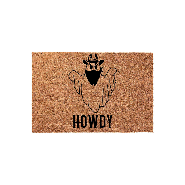 Cowboy Ghost Howdy Doormat featuring a natural coir texture with a black graphic of a spooky ghost wearing a western cowboy hat and bandana, centered above the word Howdy in a bold, rustic font for a fun seasonal front porch
