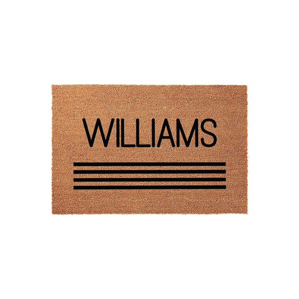 Personalized family name coir doormat featuring a clean, modern design with bold black text and three horizontal stripes, set against a plain white studio background for a classic and welcoming entryway decor look.