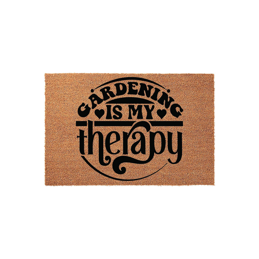 Gardening Is My Therapy coir doormat featuring bold black typography on a natural tan textured background, designed for outdoor entryways to celebrate a love for plants and flowers with a charming, rustic aesthetic for any home.