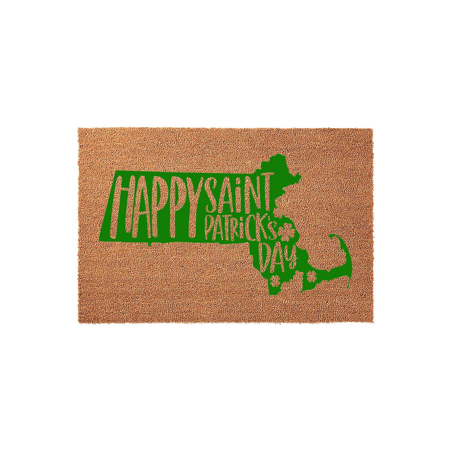 Massachusetts Saint Patrick's Day doormat featuring a natural coir texture with a bright green state map silhouette and festive holiday text, creating a fun seasonal welcome for your front porch entryway during the month of March.