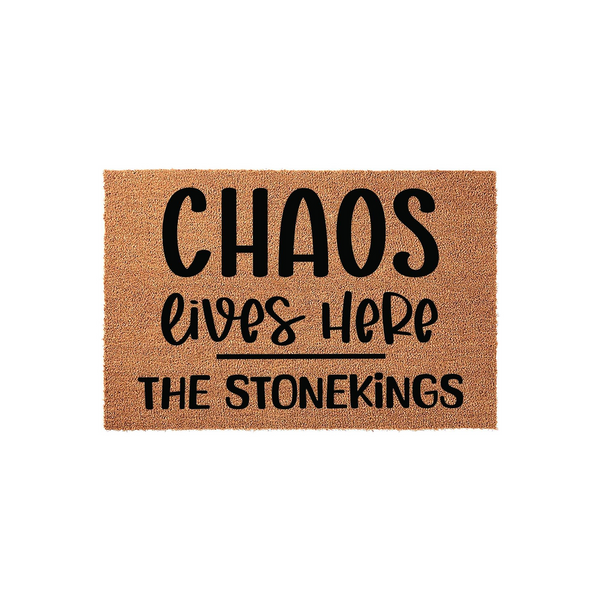 Personalized Chaos Lives Here doormat featuring a natural coir texture with bold black lettering that includes a custom family name, making it a fun and welcoming addition to any front porch or entryway decor for a busy household.