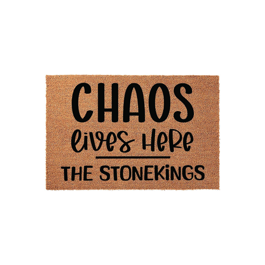 Personalized Chaos Lives Here doormat featuring a natural coir texture with bold black lettering that includes a custom family name, making it a fun and welcoming addition to any front porch or entryway decor for a busy household.