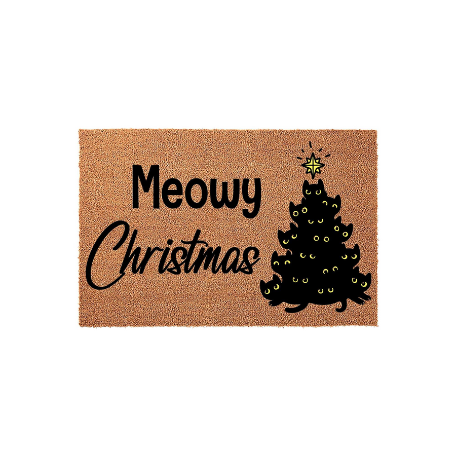 Meowy Christmas cat holiday doormat featuring a textured brown coir surface with a black cat-shaped Christmas tree design, topped with a yellow star and accented by playful black cat silhouettes for a festive seasonal home