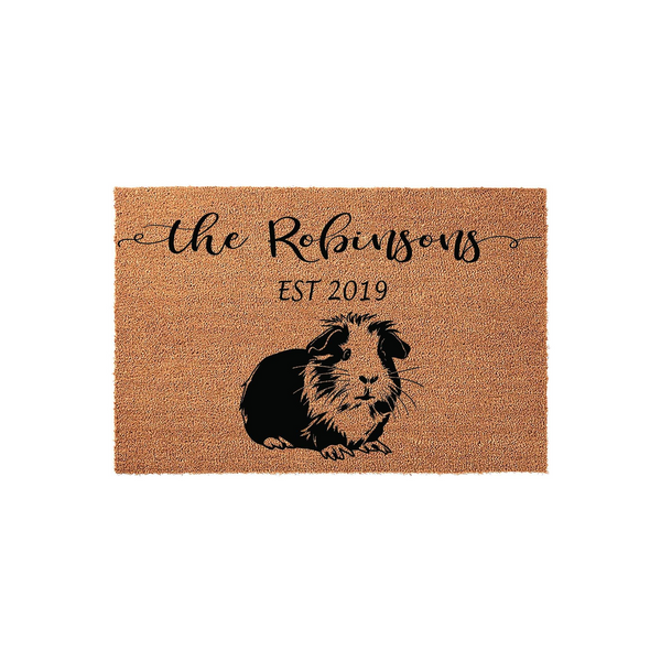 Personalized Guinea Pig Coir Doormat featuring a black and brown illustration of a guinea pig, with custom family name text and an established year printed in black ink on a natural tan textured coir fiber background for a home