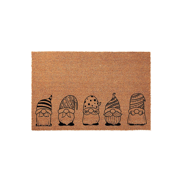 Gnome family coir doormat featuring five whimsical gnomes with unique patterned hats printed in black ink on a natural brown coconut fiber mat, creating a festive and welcoming entrance decor piece for your home front porch or