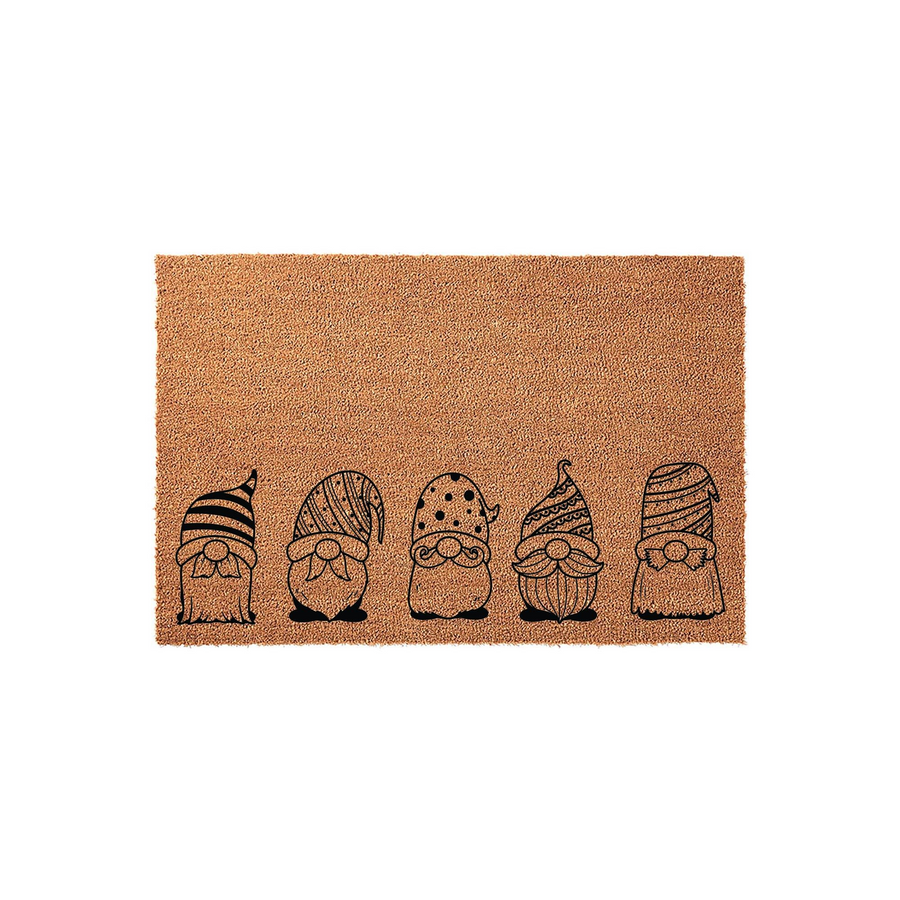 Gnome family coir doormat featuring five whimsical gnomes with unique patterned hats printed in black ink on a natural brown coconut fiber mat, creating a festive and welcoming entrance decor piece for your home front porch or