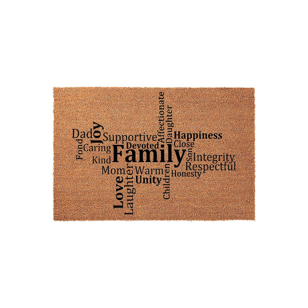 Family Word Art Coir Doormat featuring a natural tan fiber texture with black printed text including words like Dad, Mom, Love, and Family arranged in a creative collage design on a clean white background for a welcoming home