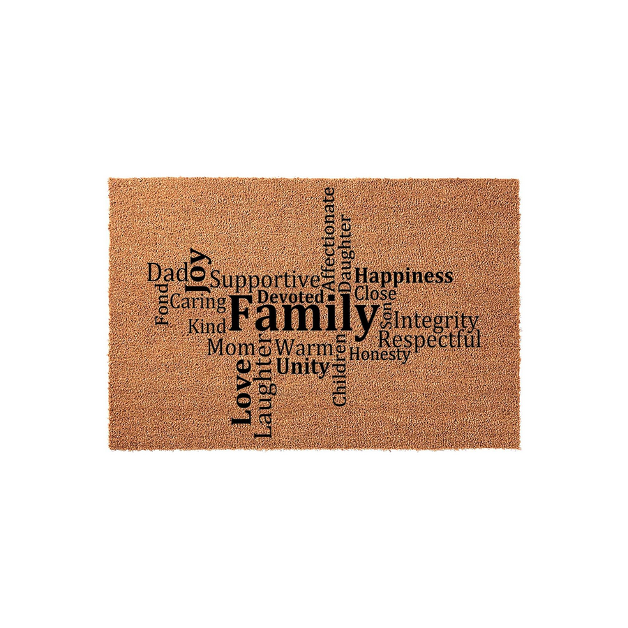 Family Word Art Coir Doormat featuring a natural tan fiber texture with black printed text including words like Dad, Mom, Love, and Family arranged in a creative collage design on a clean white background for a welcoming home