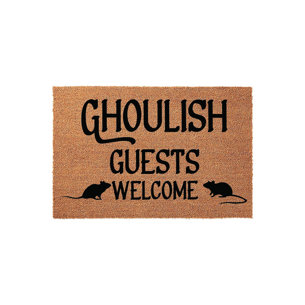 Ghoulish Guests Welcome Halloween Doormat featuring a natural coir texture with bold black text and two rat silhouettes, creating a spooky and festive entryway decoration for your front porch during the autumn holiday season.