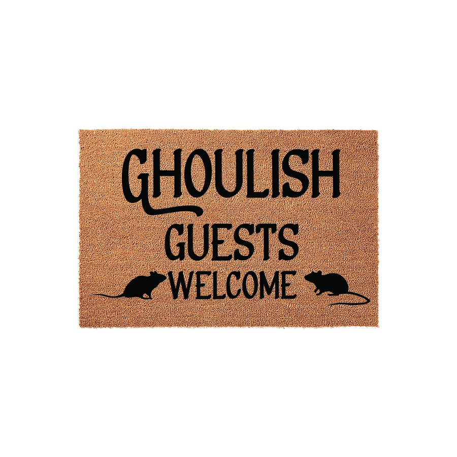 Ghoulish Guests Welcome Halloween Doormat featuring a natural coir texture with bold black text and two rat silhouettes, creating a spooky and festive entryway decoration for your front porch during the autumn holiday season.