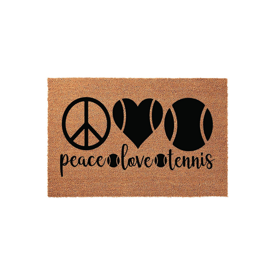 Peace Love Tennis Coir Doormat featuring a black graphic design of a peace sign, a heart, and a tennis ball, with the words peace love tennis written in a stylish script font on a natural brown fiber background for a sports