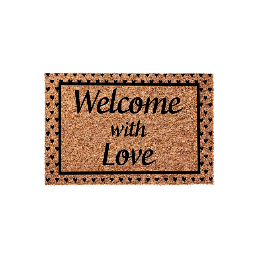 Welcome with Love coir doormat featuring a natural tan fiber texture, a black rectangular border, and a repeating pattern of small black hearts along the edges to create a charming and inviting entryway decor piece for your front