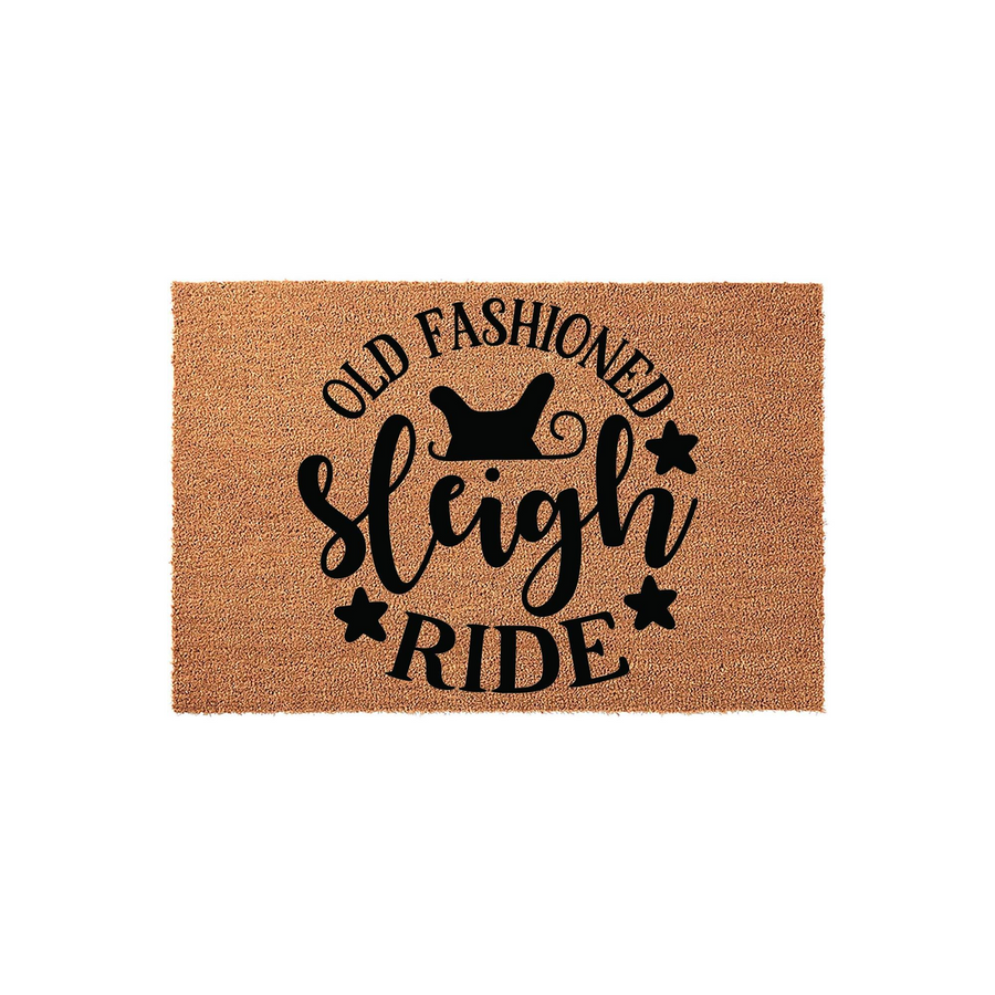 Old Fashioned Sleigh Ride coir doormat featuring a festive holiday design with black text and star accents printed on a natural brown coconut fiber mat, perfect for adding a rustic Christmas touch to your front porch entryway