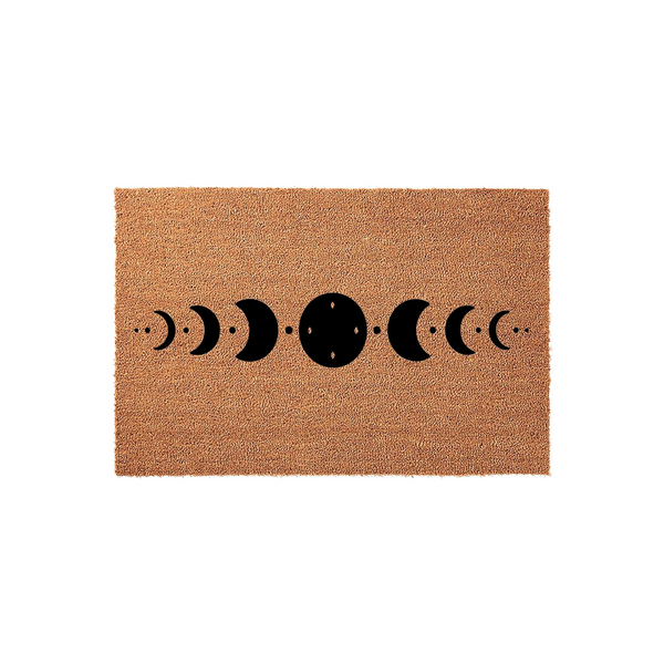 Celestial Moon Phase Coir Doormat featuring a natural tan fiber texture with a bold black graphic of the lunar cycle printed across the center, creating a stylish and mystical entryway accent for any home with a modern or