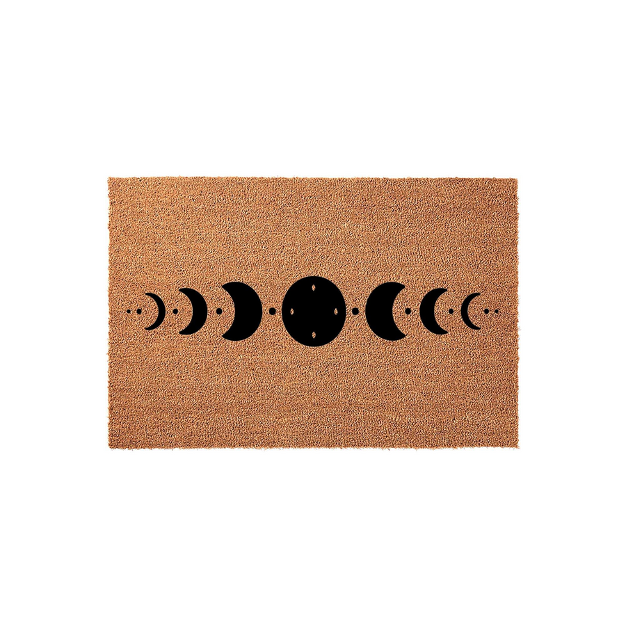 Celestial Moon Phase Coir Doormat featuring a natural tan fiber texture with a bold black graphic of the lunar cycle printed across the center, creating a stylish and mystical entryway accent for any home with a modern or