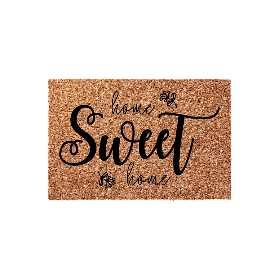 Home Sweet Home coir doormat featuring a natural brown fiber texture and elegant black script lettering, designed to add a welcoming touch to your front porch entryway with its charming farmhouse style and decorative floral