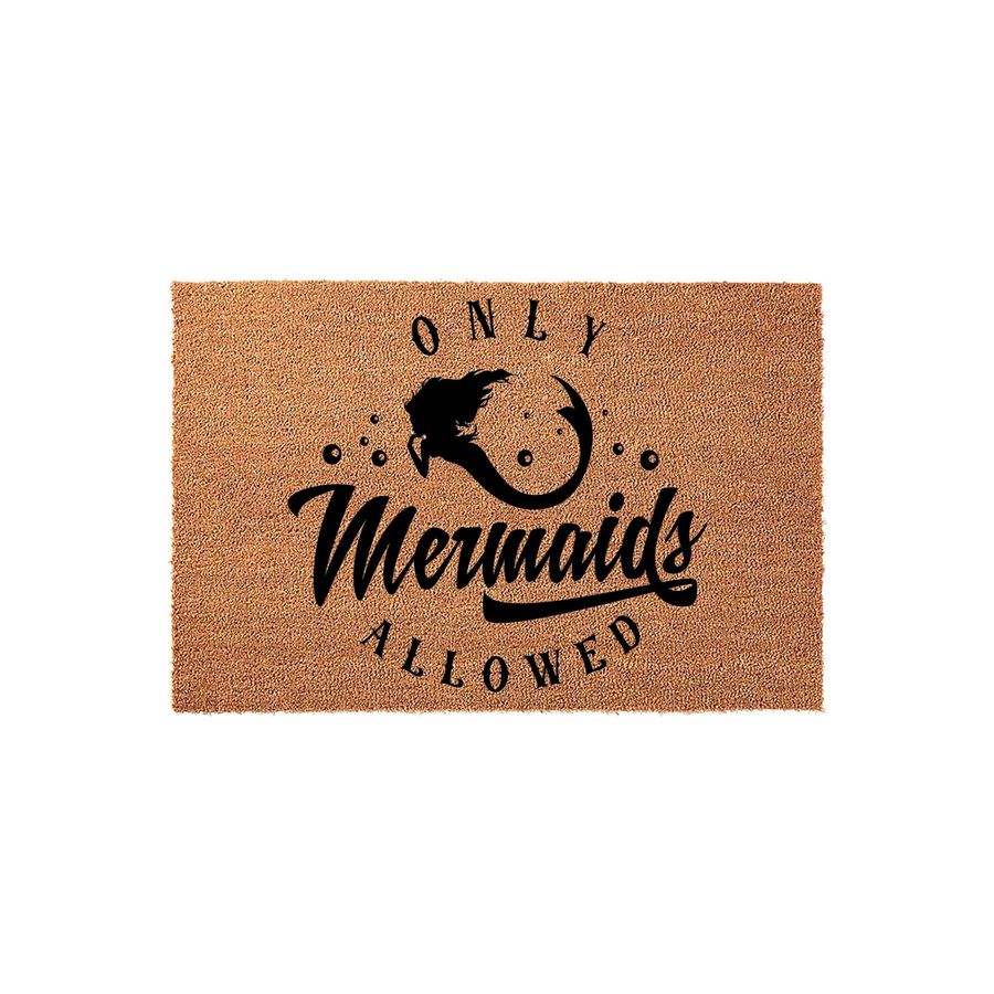 Only Mermaids Allowed coir doormat featuring a black silhouette of a mermaid surrounded by bubbles, printed on a natural brown coconut fiber mat against a clean white background for a fun coastal or beach house entryway decor.
