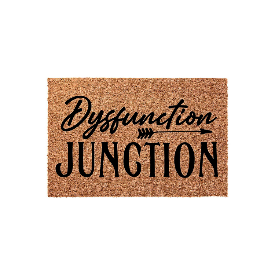 Funny Dysfunction Junction coir doormat featuring bold black text and a decorative arrow graphic printed on a natural brown coconut fiber mat, providing a humorous and welcoming touch to your front porch or entryway decor.
