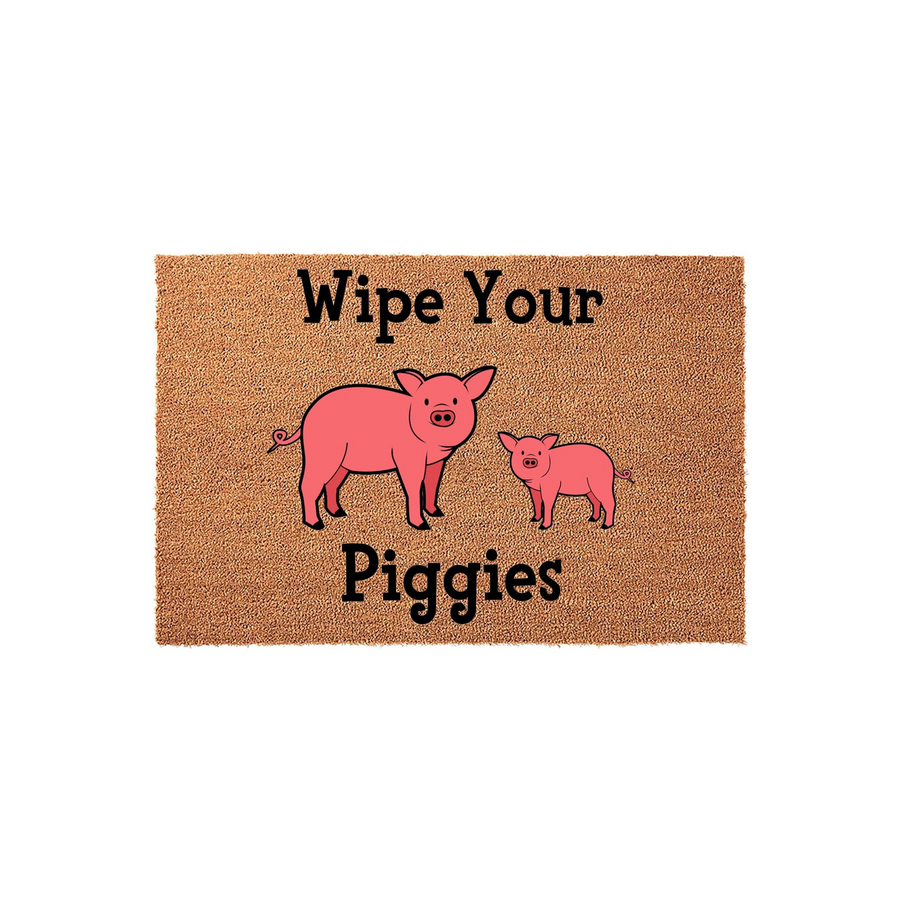 Funny Piggy Welcome Doormat featuring a cute illustration of a large pink pig and a smaller piglet, with the text Wipe Your Piggies printed in black, set against a natural brown coir fiber background for a charming farmhouse