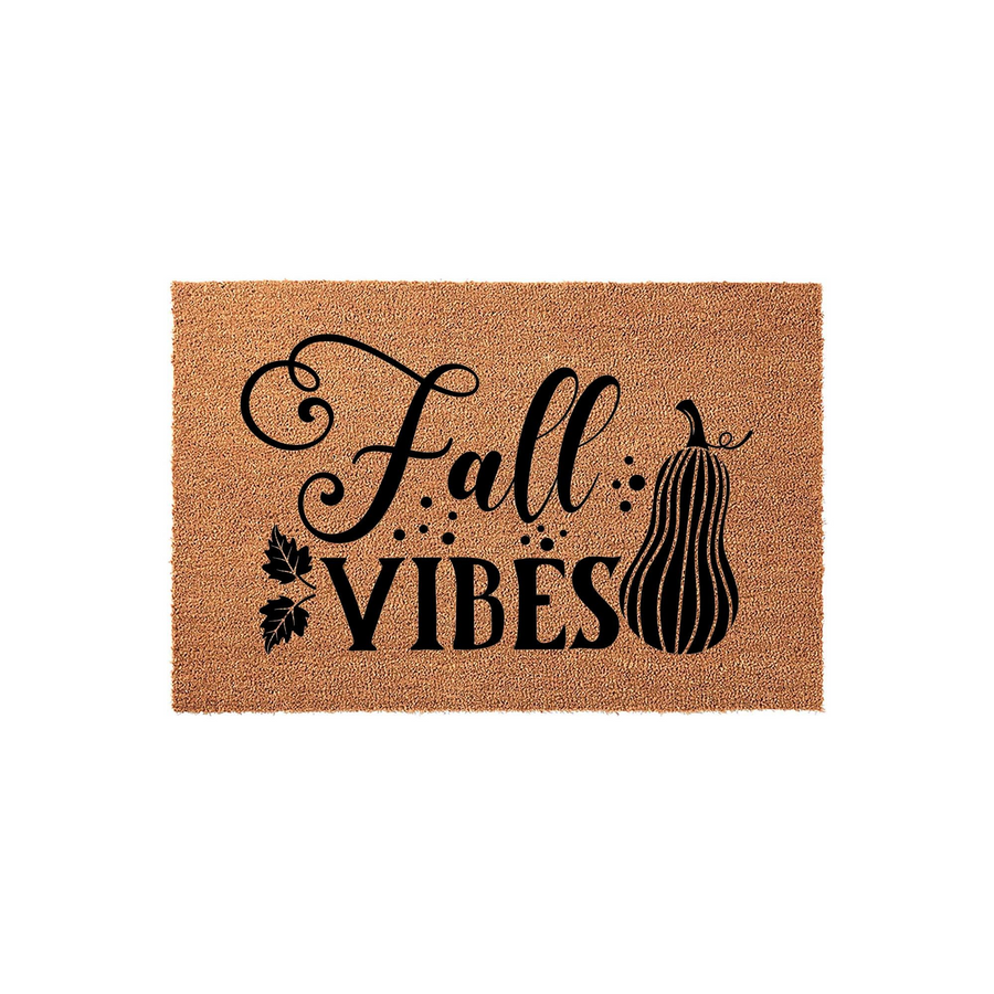 Fall Vibes coir doormat featuring a natural brown fiber texture with black printed text and a decorative pumpkin and leaf design, creating a festive seasonal welcome for your front porch entryway during the autumn months.